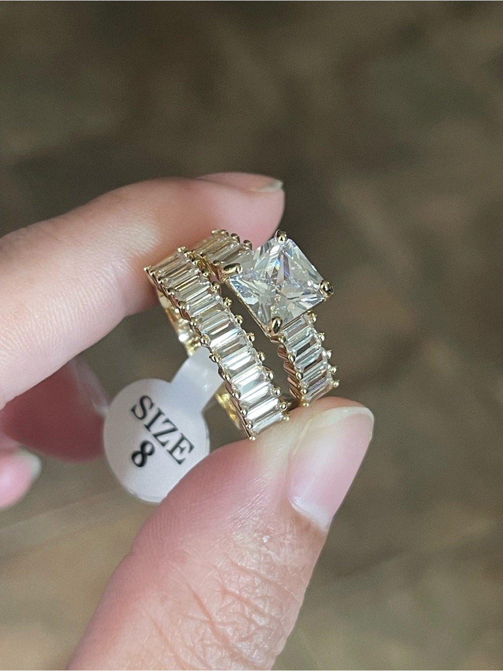 Gold Tone Cubic Zirconia Baguette Engagement Ring Set - Size 8
